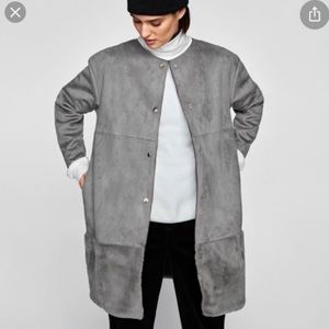 Zara Gray Suede Faux Fur Trim Long Jacket Small
